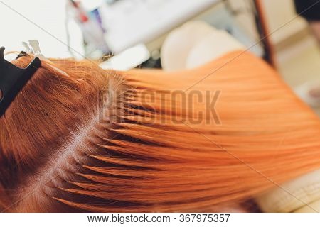 Hair Salon, Beauty Spa. Procedure Of Hair Extensions.