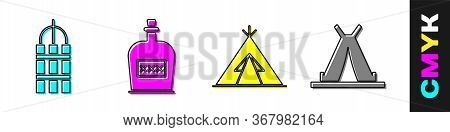 Set Detonate Dynamite Bomb Stick, Alcohol Drink Rum Bottle, Indian Teepee Or Wigwam And Indian Teepe