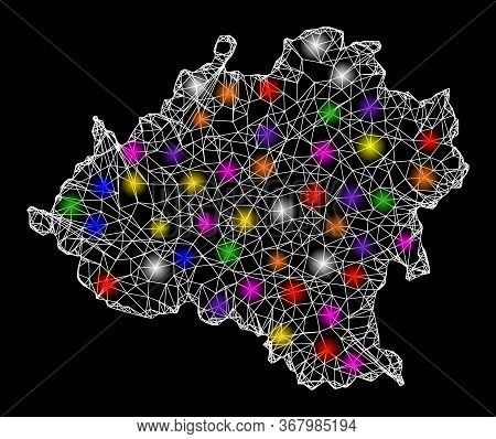 Web Mesh Vector Map Of Soria Province With Flare Effect On A Black Background. Abstract Lines, Light