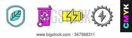 Set Shield With Leaf, Recycle Bin With Recycle, Battery And Solar Energy Panel Icon. Vector.