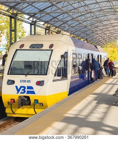 Kyiv, Ukraine - October 07, 2019: People Boarding Boryspil Express Train - Shuttle Airport Train Fro