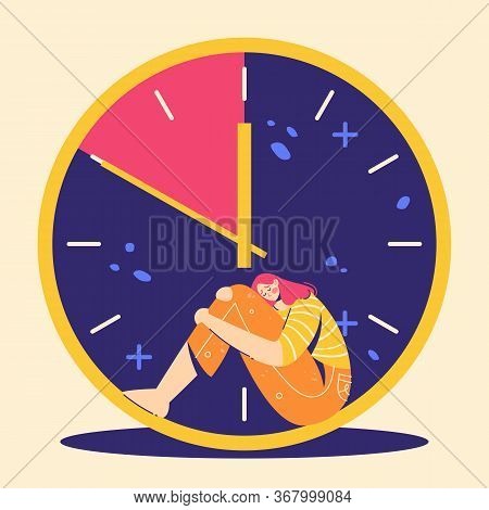 Fear Of Deadline. Woman In Depression. Not Enought Time Concept. Teenage Girl Are Sitting In Clock.