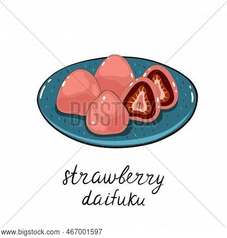 Strawberry Daifuku In A Plate Isolated On White Background. Vector Image.