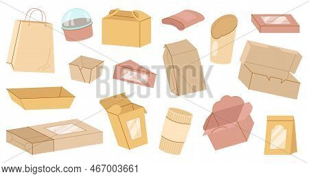 Takeaway Meal Pack, Cartoon Cardboard Box. Fries Potato And Roll Paper Boxes, Sauce Sushi, Fast Food
