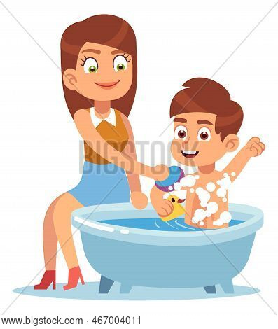 Boy In Bathroom. Mom Washes Son, Child Daily Routine, Kid Sitting In Bath, Yellow Rubber Duck And Sp