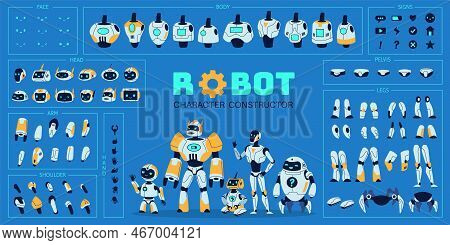 Robot Elements Kit. Cute Cyborg Character And Different Replacement Parts, Heads, Torsos, Arms And L