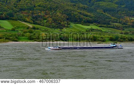 Cargo Ship On The Flooded River Danube, Wachau, Austria