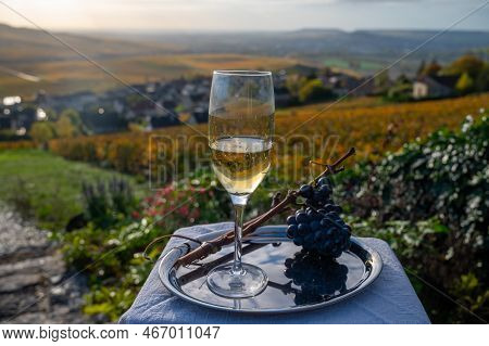 Tasting Of Premier Cru Sparkling White Wine With Bubbles Champagne On Outdoor Terrace With View On C