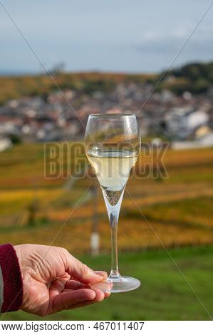 Tasting Of White Brut Champagne Wine Outdoor With View On Colorful Autumn Pinot Noir Grand Cru Viney