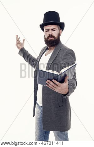 Literary Criticism. Faced With Senseless Drama. Eloquence And Diction. Bearded Man Read Book. Poetry