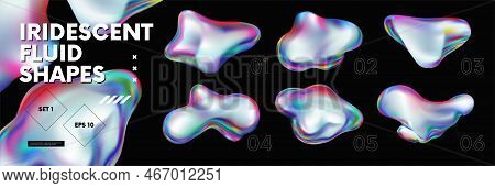 3d Fluid Holographic Iridescent Shapes, Abstract Colorful Bright Liquid Amorphous Rainbow Bubbles, F