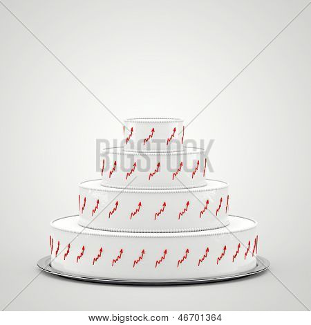 White cake with red rising graphs.