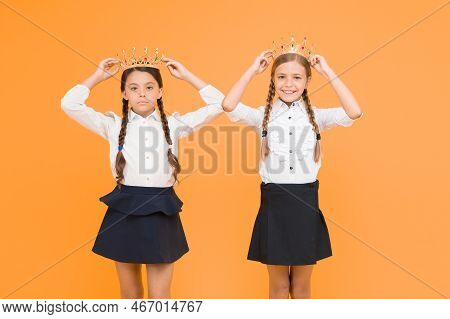 Back To School. Selfish Small Girls Dream About Future. Happy Girls In Uniform And Crown. Big Boss. 