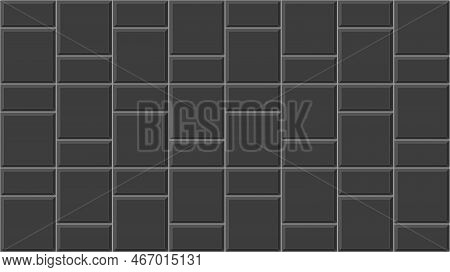 Black Basket Weave Tile Mosaic Layout. Causeway Texture. Stone Or Ceramic Brick Wall Background. Kit