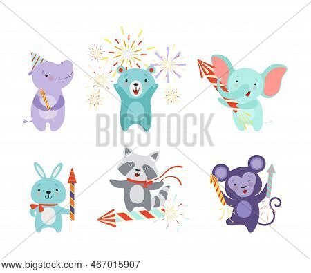 Cute Animal With Fireworks Enjoying Holiday Celebration Vector Set