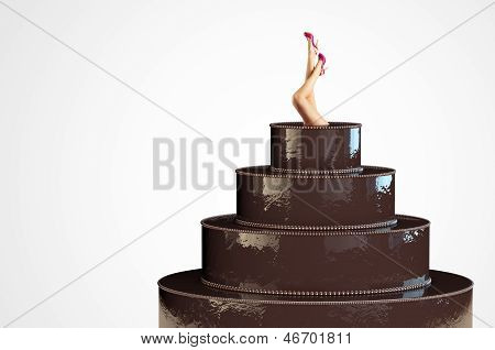 Chocolate cake and pin-up female legs isolated