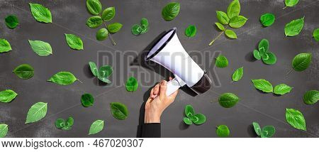 Person Holding A Megaphone With Green Leaves - Flat Lay