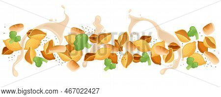 Ready For Eat Dish Italian Pasta Conchiglie Cuisine Staples With Meat Broccoli And Sauce Vector Illu