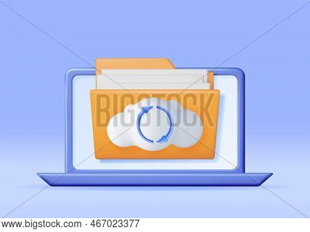 3d Folder In Clouds With File Sync Icon On Laptop. Render Computer File Folder With Synchronization 