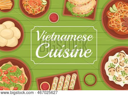 Vietnamese Food Restaurant Menu With Collection Of Various Delicious Cuisine Dishes In Flat Style Ca