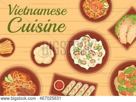 Vietnamese Food Restaurant Menu With Collection Of Various Delicious Cuisine Dishes In Flat Style Ca