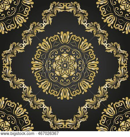 Classic Seamless Vector Pattern. Damask Orient Black And Golden Ornament. Classic Vintage Background