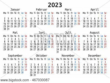 2023 Calendar, Norwegian, Norway. Vector Compact Annual Wall Or Planner Template For A4 Or A5 Paper 