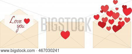 A Set Of Envelopes With Red Hearts Isolated On A White Background. February 14. Valentine's Day Gree