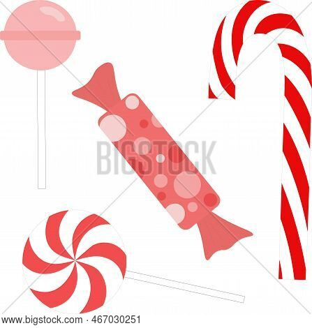 Delicious Caramel Candies Set. Red And White Caramel Sweets. Christmas Caramel Sweets. Lollipop. Vec