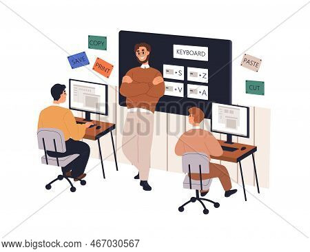 School Kids Studying At Computer Science Lesson. Teacher Of Information Technology Teaching For Chil