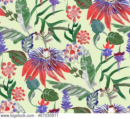 Bright Seamless Pattern With Multicolored Tropical Flowers And Leaves On A Green Background For Summ