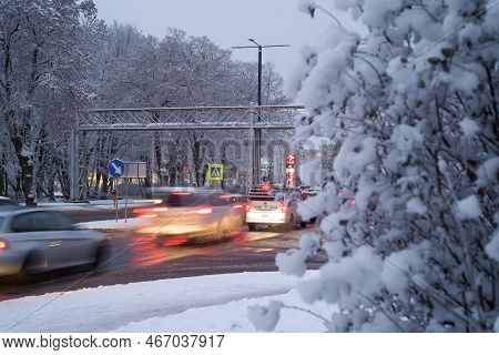 Kolobrzeg, West Pomeranian - Poland - 2022: Snowy Winter In The City And Petrol Station In Backgroun