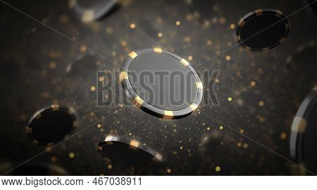 Black Gold Plastic Chip Mockup No Gravity, Dark Blur Background, 3d Rendering. Finance Gamble Cash F