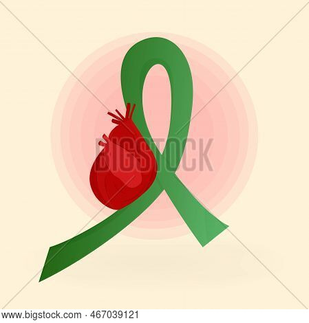 National Donate Life Month. Green Ribbon With Human Heart And Pulse. Concept Of Health And Transplan