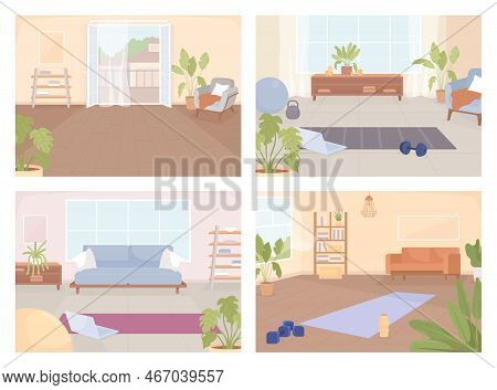 Inventory And Place For Home Exercising Flat Color Vector Illustrations Set