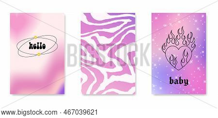 Y2k Gothic Flame Tattoo Stickers. Retro Psychedelic Love Art. Vector Illustration Of Hand Drawn Elem