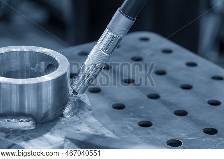 Close Up Scene The Automatic Welding Robot Working With Automotive Parts Assembly Processing. The In