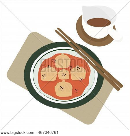 Xiao Long Bao. Shanghai Street Dumplings With Sauce, Food With Chopsticks.