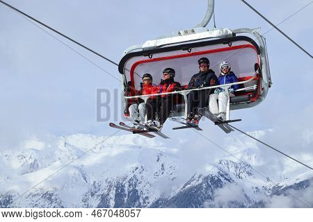 Zell Am Ziller, Austria - March 14, 2019: People Visit Zell Am Ziller Ski Resort In Tyrol Region, Au
