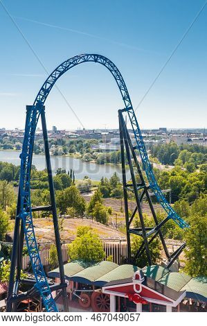 Helsinki, Finland - 24 June 2022: Top View Of Linnanmaki Amusement Park With Roller Coaster Taiga An