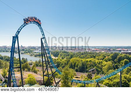 Helsinki, Finland - 24 June 2022: Top View Of Linnanmaki Amusement Park With Roller Coaster Taiga In