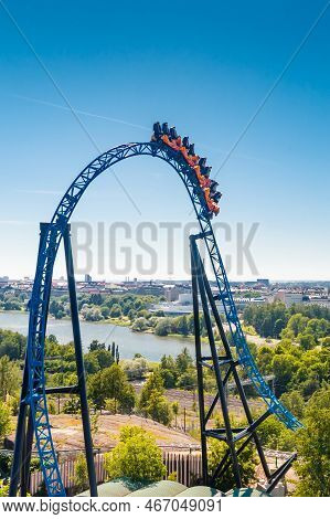 Helsinki, Finland - 24 June 2022: Top View Of Linnanmaki Amusement Park With Roller Coaster Taiga In