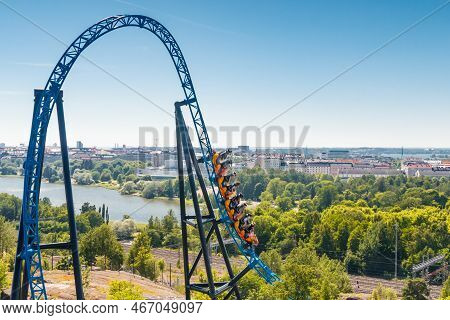 Helsinki, Finland - 24 June 2022: Top View Of Linnanmaki Amusement Park With Roller Coaster Taiga In