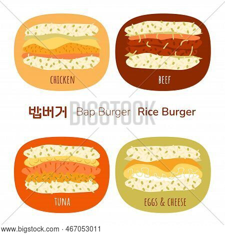 Rice Burger With Different Fillings. Korean Bap Burger With Chicken Beef Tuna Eggs And Cheese. Trans