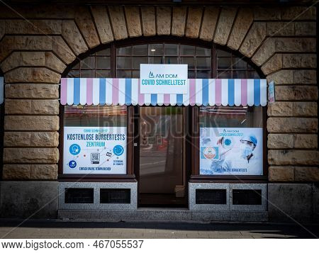 Cologne, Germany - November 6, 2022: Sign Indicating A Coronavirus Covid Testing Center In Cologne, 