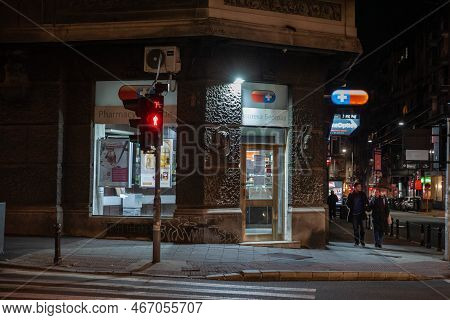 Belgrade, Serbia - November 11, 2021: Selective Blur On The Frontstore Of A Serbian Pharmacy (apotek