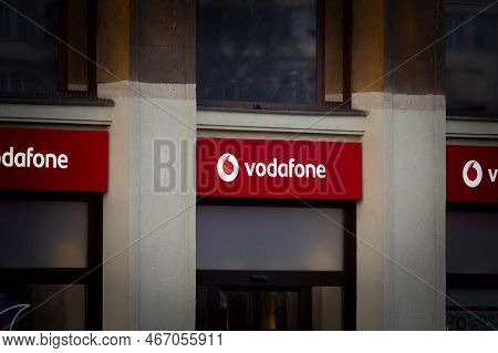 Budapest Hungary - February 26, 2022: Vodafone Logo On Their Budapest Shop. Vodafone Is A British Ph