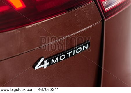 Moscow, Russia - January 22, 2022. Volkswagen 4motion Four-wheel Drive (4wd) System Badge On The Car