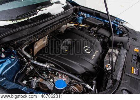 Moscow, Russia - January 22, 2022. Mazda Cx5 (kf) Skyactive Engine. Suv Car With Open Hood. Car Engi