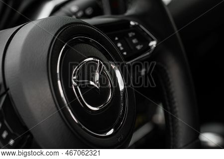 Moscow, Russia - January 22, 2022. Mazda Cx5 (kf) Skyactive Steering Wheel Close Up View. Mazda Logo